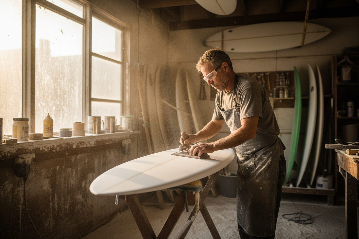 A surfboard shaper at work shaping a board