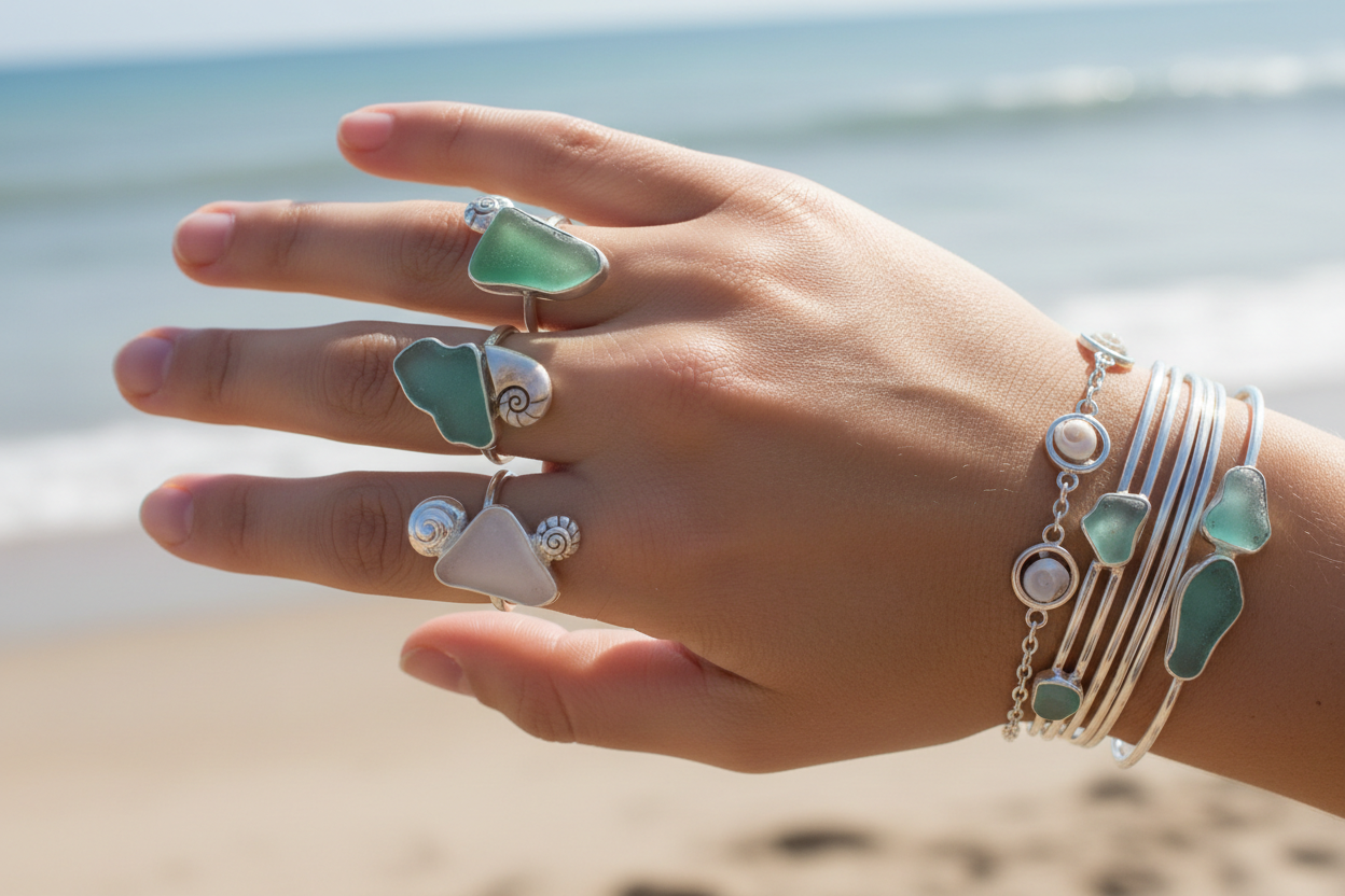a womans hand with sterling silver, seaglass and shell rings and sterling silver bracelets with seaglass and shells