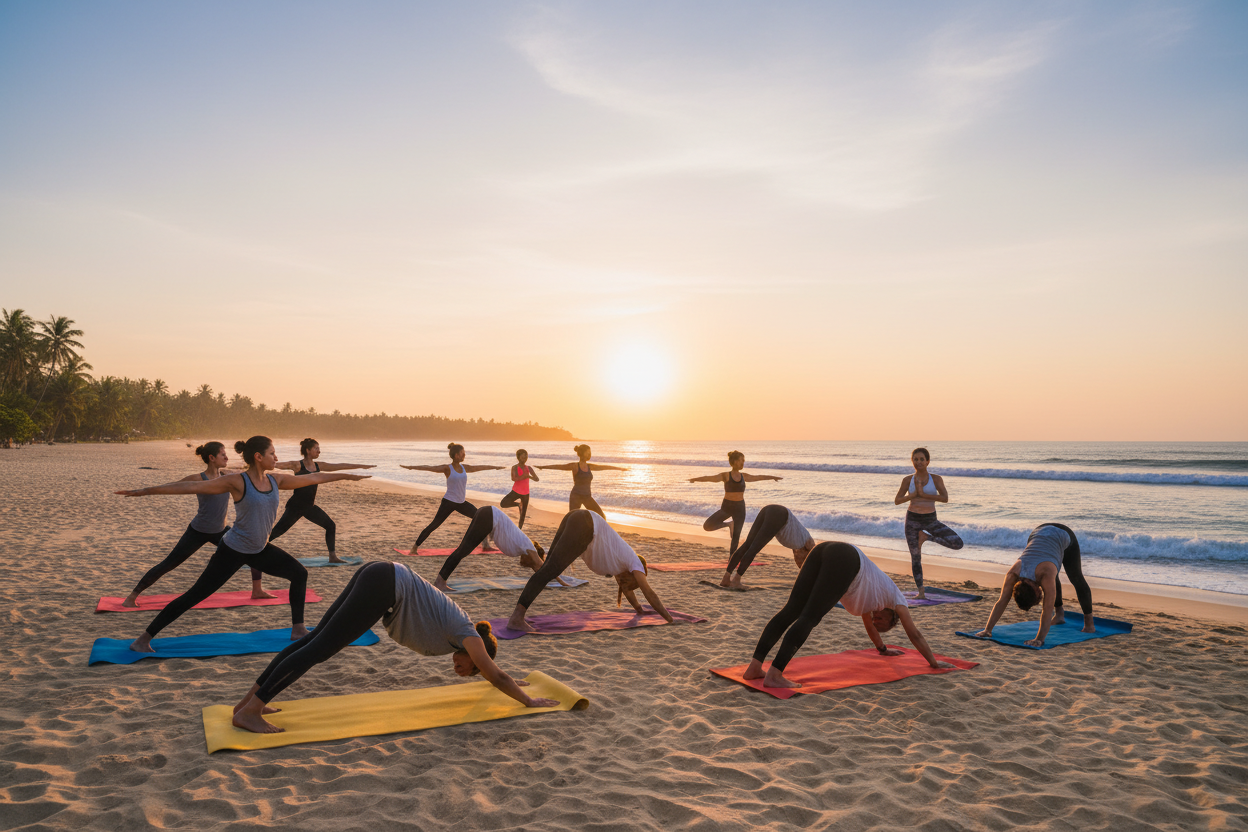Generate an image of a group of people doing yoga on the beach