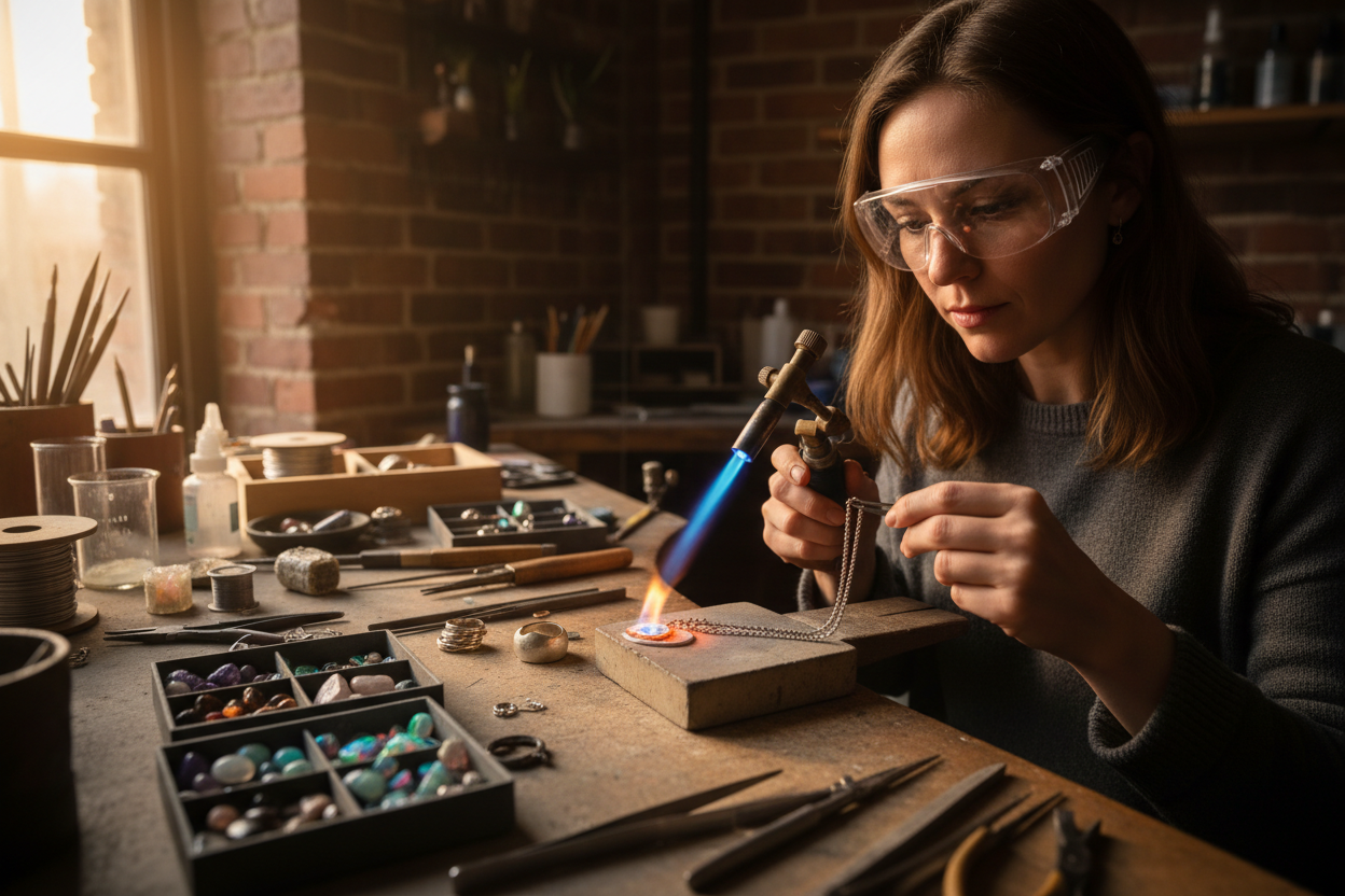Generate an image of a woman making jewellery with a blow torch
